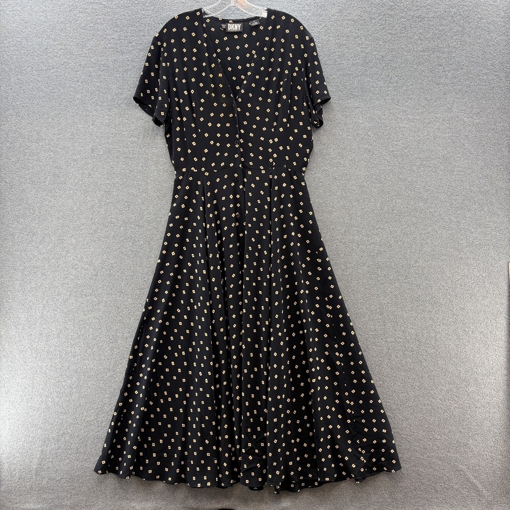 VTG 90s DKNY Dress 12 Black Silk Geo Print Button Front Flowy Fit Flare Retro